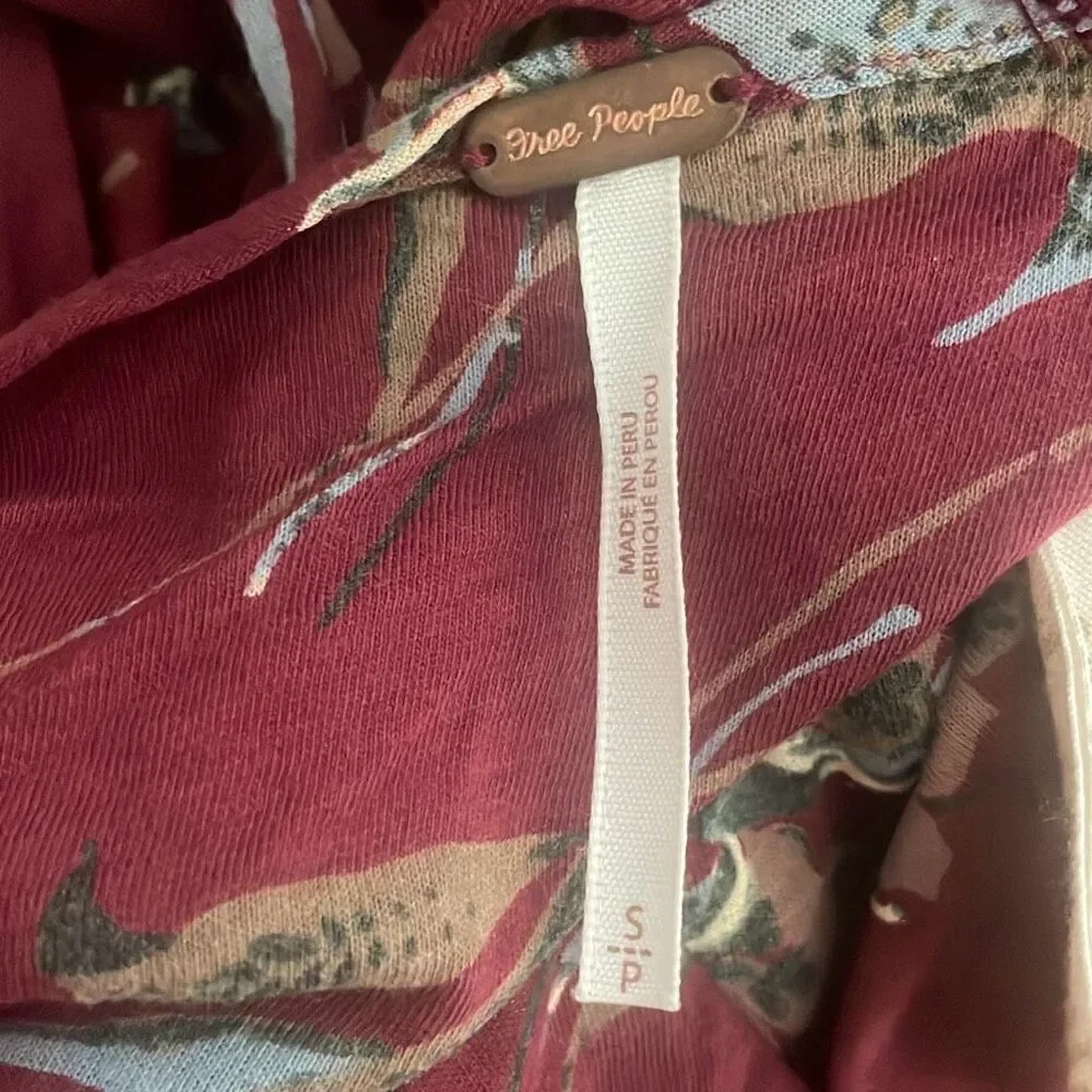 Free People Burgundy Floral Print Open Draped Back Long Sleeve Top S - Picture 9 of 10